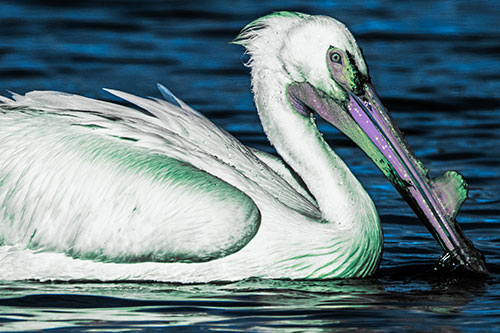 Beak Dipping Pelican Eying Across Lake Water (Blue Tint Photo)