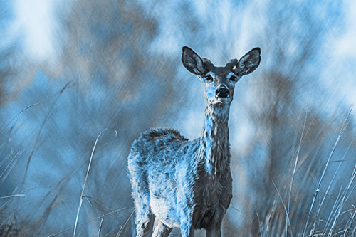 Mule Deer Standing Among Windy Grassy Hillside (Blue Tone Photo)