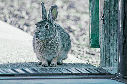 Hesitant Bunny Rabbit Considers Crossing Wooden Bridge (Cyan Tint Photo)