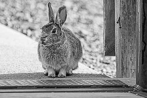 Hesitant Bunny Rabbit Considers Crossing Wooden Bridge (Gray Photo)