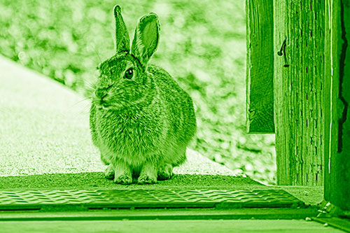 Hesitant Bunny Rabbit Considers Crossing Wooden Bridge (Green Shade Photo)