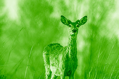 Mule Deer Standing Among Windy Grassy Hillside (Green Shade Photo)