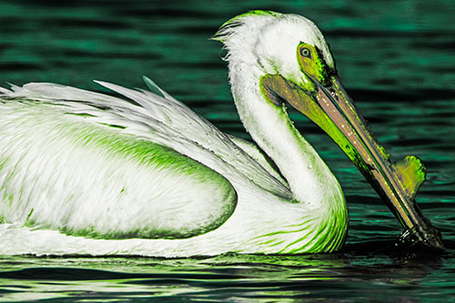 Beak Dipping Pelican Eying Across Lake Water (Green Tint Photo)