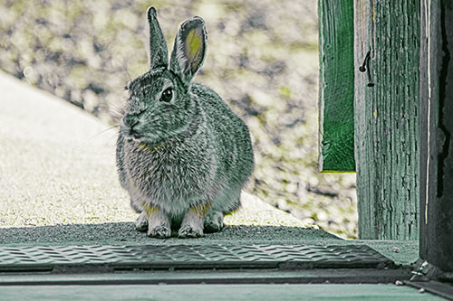 Hesitant Bunny Rabbit Considers Crossing Wooden Bridge (Green Tint Photo)