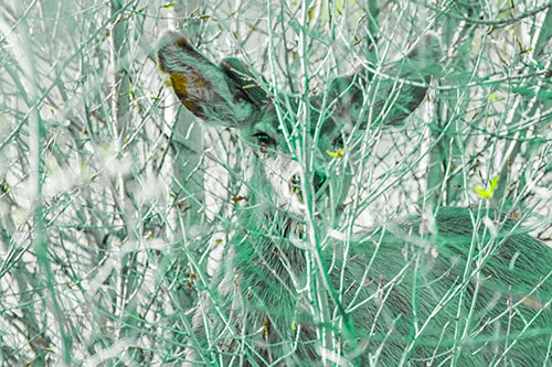 Hidden Mule Deer Watching Behind Tree Branches (Green Tint Photo)