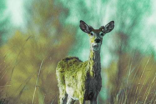 Mule Deer Standing Among Windy Grassy Hillside (Green Tint Photo)