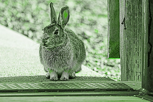 Hesitant Bunny Rabbit Considers Crossing Wooden Bridge (Green Tone Photo)