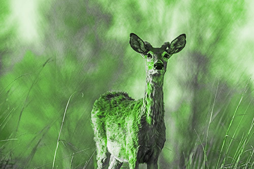 Mule Deer Standing Among Windy Grassy Hillside (Green Tone Photo)