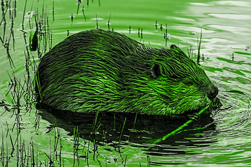 Sitting Beaver Nibbles Branch Along Shallow Rivershore (Green Tone Photo)