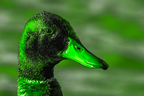 Soaked Male Mallard Duck Watching Among Lake (Green Tone Photo)