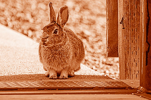 Hesitant Bunny Rabbit Considers Crossing Wooden Bridge (Orange Shade Photo)