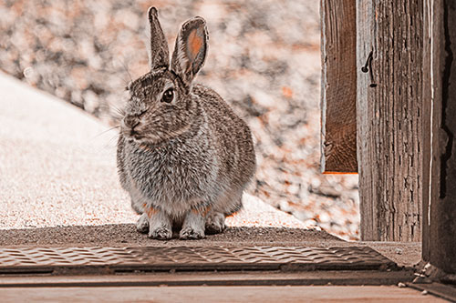 Hesitant Bunny Rabbit Considers Crossing Wooden Bridge (Orange Tone Photo)