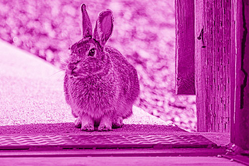 Hesitant Bunny Rabbit Considers Crossing Wooden Bridge (Pink Shade Photo)