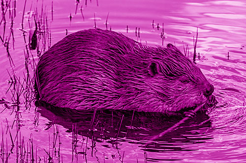 Sitting Beaver Nibbles Branch Along Shallow Rivershore (Pink Shade Photo)