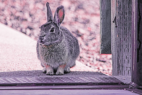 Hesitant Bunny Rabbit Considers Crossing Wooden Bridge (Pink Tint Photo)