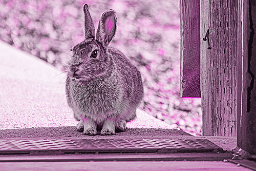 Hesitant Bunny Rabbit Considers Crossing Wooden Bridge (Pink Tone Photo)