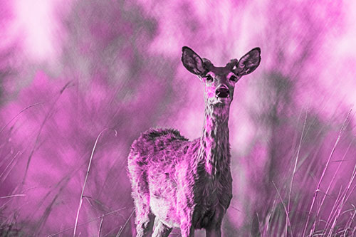 Mule Deer Standing Among Windy Grassy Hillside (Pink Tone Photo)