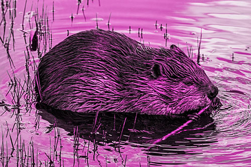 Sitting Beaver Nibbles Branch Along Shallow Rivershore (Pink Tone Photo)