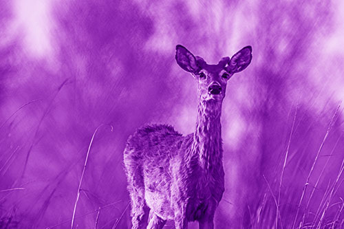 Mule Deer Standing Among Windy Grassy Hillside (Purple Shade Photo)