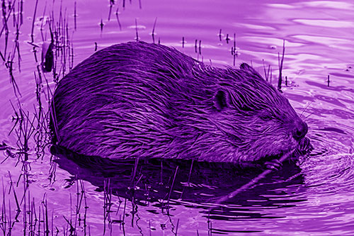 Sitting Beaver Nibbles Branch Along Shallow Rivershore (Purple Shade Photo)