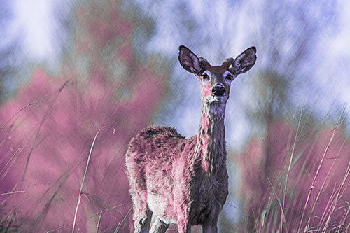 Mule Deer Standing Among Windy Grassy Hillside (Purple Tint Photo)
