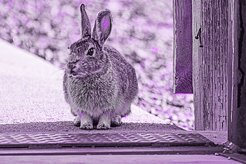 Hesitant Bunny Rabbit Considers Crossing Wooden Bridge (Purple Tone Photo)