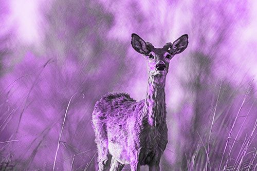 Mule Deer Standing Among Windy Grassy Hillside (Purple Tone Photo)