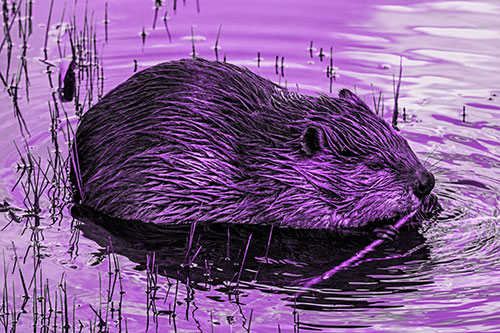 Sitting Beaver Nibbles Branch Along Shallow Rivershore (Purple Tone Photo)