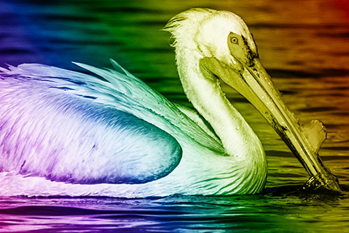 Beak Dipping Pelican Eying Across Lake Water (Rainbow Shade Photo)