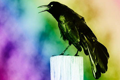 Croaking Great Tailed Grackle Perched Atop Wooden Post (Rainbow Shade Photo)
