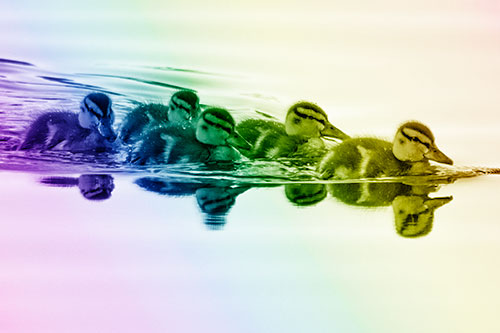 Five Baby Mallard Ducklings Swimming Across Lake Water (Rainbow Shade Photo)
