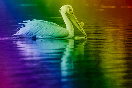 Floating Pelican Reflection Among Lake Water (Rainbow Shade Photo)