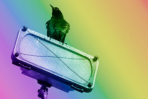 Great Tailed Grackle Keeping Watch Atop Light Pole (Rainbow Shade Photo)