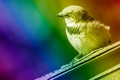 Head Tilting House Sparrow Perched Along Rooftop (Rainbow Shade Photo)