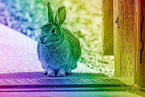Hesitant Bunny Rabbit Considers Crossing Wooden Bridge (Rainbow Shade Photo)