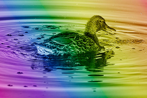 Joyful Water Splashing Mallard Duck Enjoying Calm Lake (Rainbow Shade Photo)