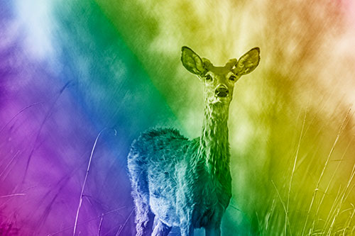 Mule Deer Standing Among Windy Grassy Hillside (Rainbow Shade Photo)