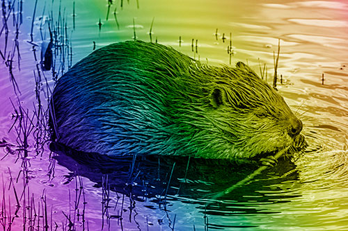 Sitting Beaver Nibbles Branch Along Shallow Rivershore (Rainbow Shade Photo)