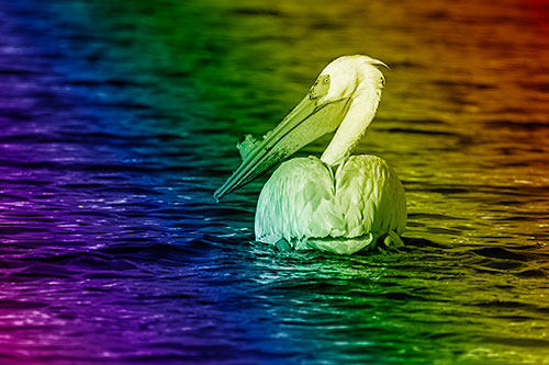 Swimming Pelican Glances Backwards Among Lake Water (Rainbow Shade Photo)