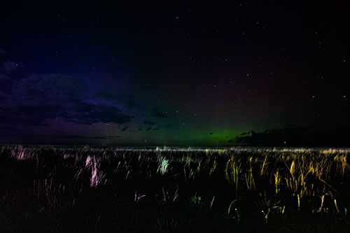 Dim Northern Aurora Borealis Lights Fading Beyond Horizon (Rainbow Tint Photo)