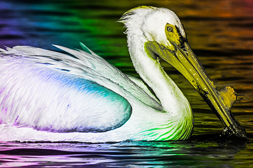 Beak Dipping Pelican Eying Across Lake Water (Rainbow Tone Photo)