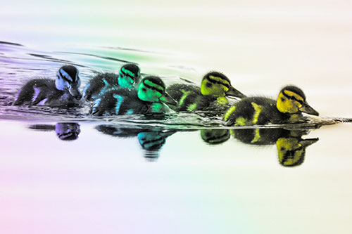 Five Baby Mallard Ducklings Swimming Across Lake Water (Rainbow Tone Photo)