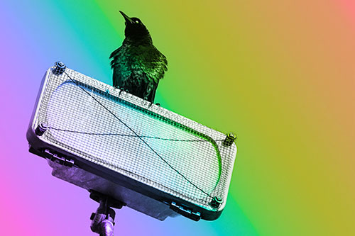 Great Tailed Grackle Keeping Watch Atop Light Pole (Rainbow Tone Photo)