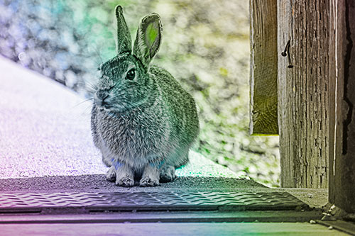 Hesitant Bunny Rabbit Considers Crossing Wooden Bridge (Rainbow Tone Photo)
