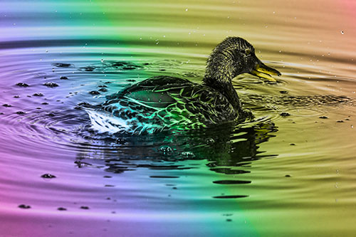 Joyful Water Splashing Mallard Duck Enjoying Calm Lake (Rainbow Tone Photo)