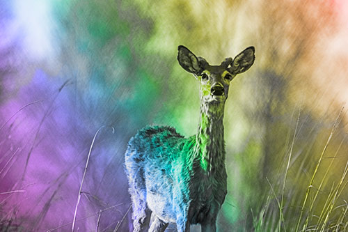 Mule Deer Standing Among Windy Grassy Hillside (Rainbow Tone Photo)