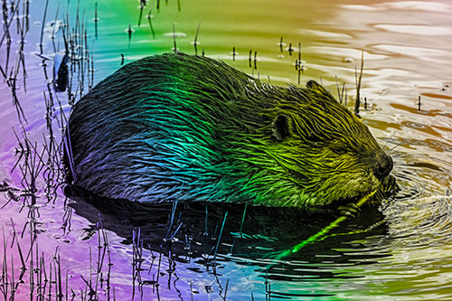 Sitting Beaver Nibbles Branch Along Shallow Rivershore (Rainbow Tone Photo)