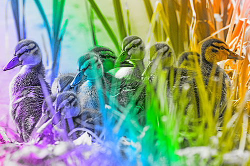 Ten Baby Mallard Ducklings Resting Among Reed Grass (Rainbow Tone Photo)