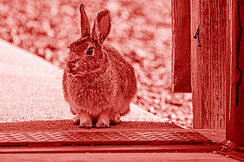 Hesitant Bunny Rabbit Considers Crossing Wooden Bridge (Red Shade Photo)