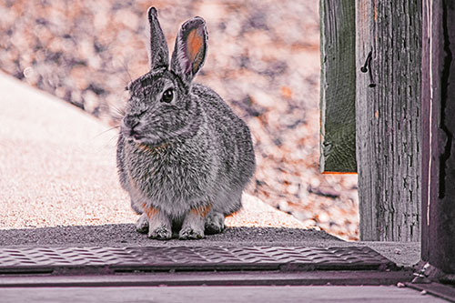 Hesitant Bunny Rabbit Considers Crossing Wooden Bridge (Red Tint Photo)
